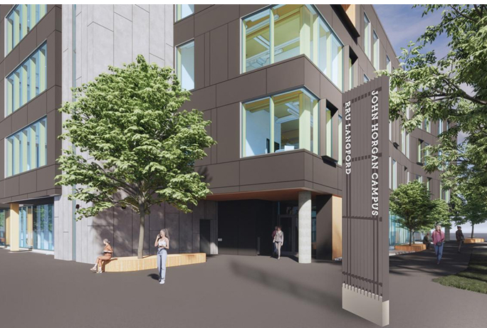A link to more information about ways to give to support campus spaces at RRU. The image shows a rendering of the Royal Roads University | John Horgan Campus