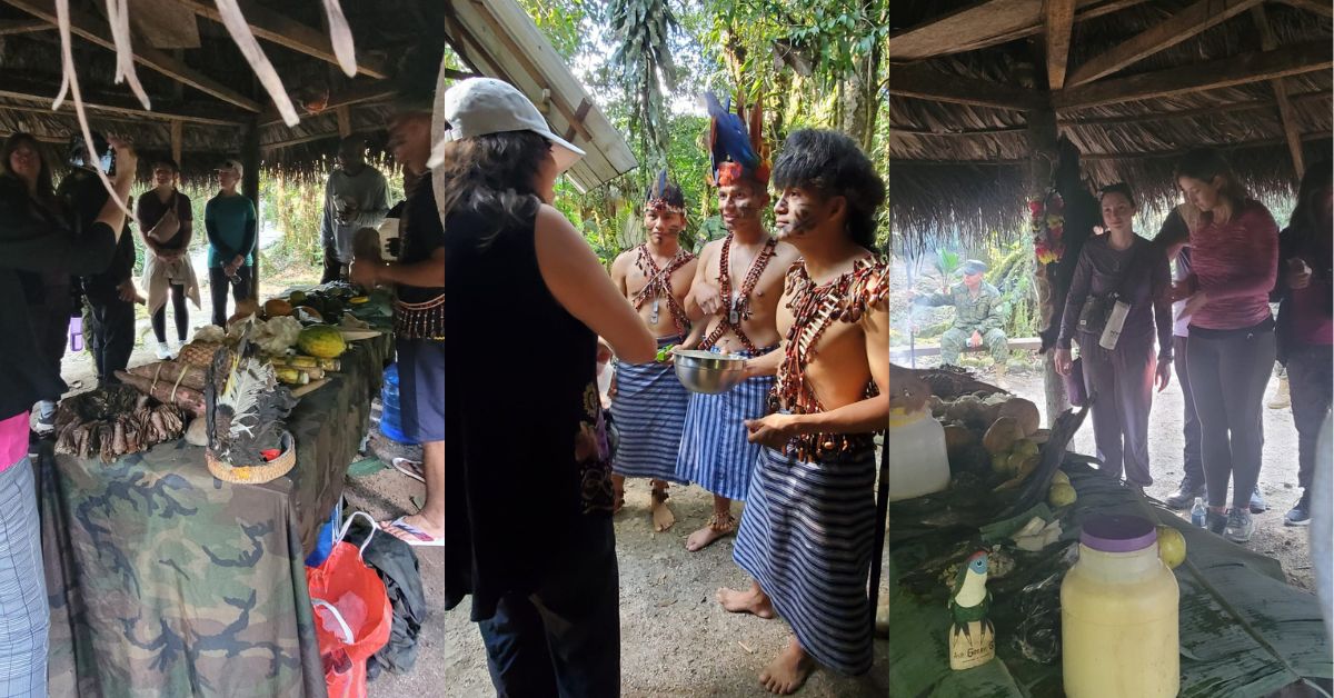 A photo collage of three photos showing a spread of traditional foods with three people standing in traditional clothes.