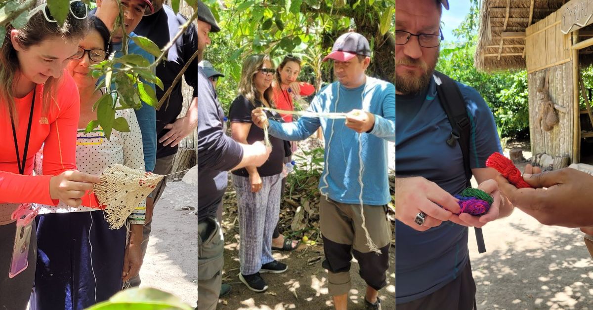 A photo collage of three photos of students learning how to weave.