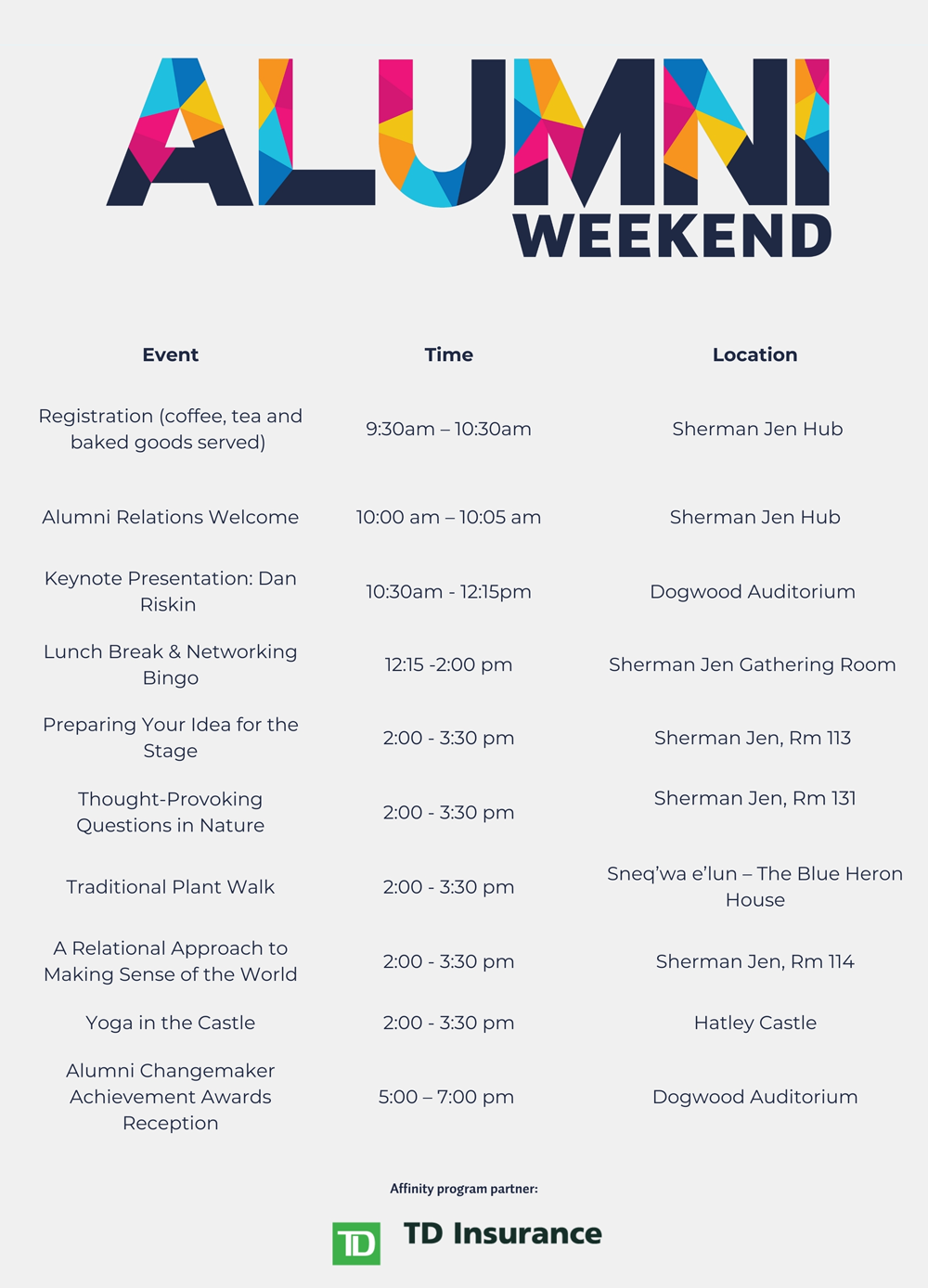 Alumni Weekend event schedule. Events start with registration from 9:30 to 10:30 a.m. at Sherman Jen Hub, followed by a welcome at 10:00 a.m., keynote by Dan Riskin from 10:30 to 12:15 p.m. at Dogwood Auditorium, lunch and networking from 12:15 to 2:00 p.m. at Sherman Jen Gathering Room. Afternoon sessions from 2:00 to 3:30 p.m. include workshops in various rooms and locations, including Sherman Jen, Hatley Castle, and the Blue Heron House. The day concludes with the Alumni Changemaker Achievement Awards Reception from 5:00 to 7:00 p.m. at Dogwood Auditorium. TD Insurance is the affinity program partner.