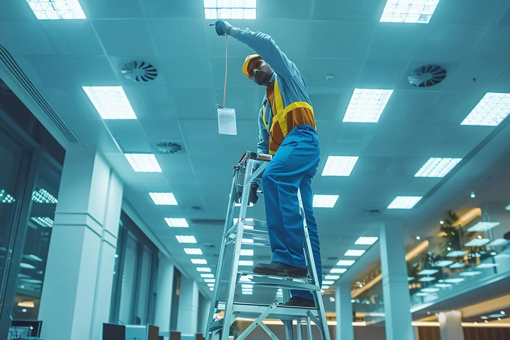 A facilities staff member stands on a ladder replacing an overhead light inside a large building