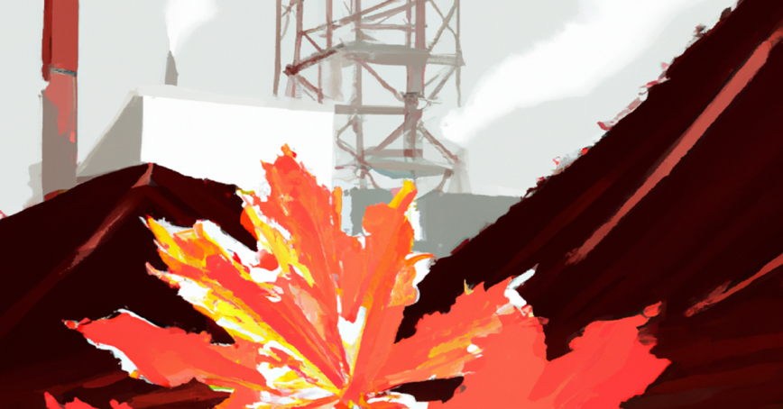 A maple leaf is positioned in front of a geothermal drilling site