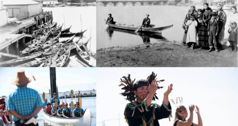 Historic and modern photos of canoeing at Esquimalt lagoon