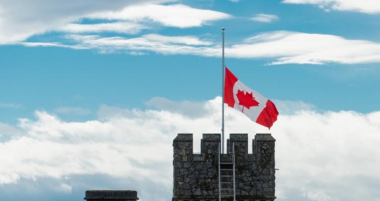 Canadian flag at half-mast atop Hatley Castle