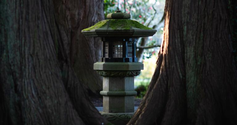 A stone Japanese lantern in between two large trees.