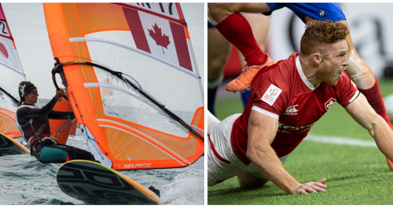 Windsurfer photo credit: Sail Canada Caitlin Baxter. Ruby player photo credit: Derek Stevens. Split image: left side shows woman windsurfing, a Canada flag on her sail. Right image shows a man in red and white rugby uniform on the field after a play.