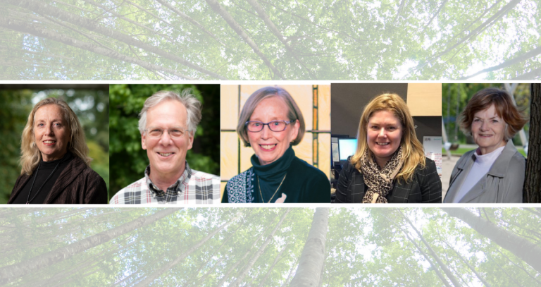 Thumbnail images of faculty and students atop a background of trees that reach up and out.