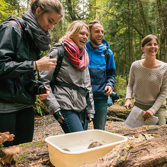 Students in an outdoor forest setting observe a container with natural samples, smiling and discussing their findings during a field study activity