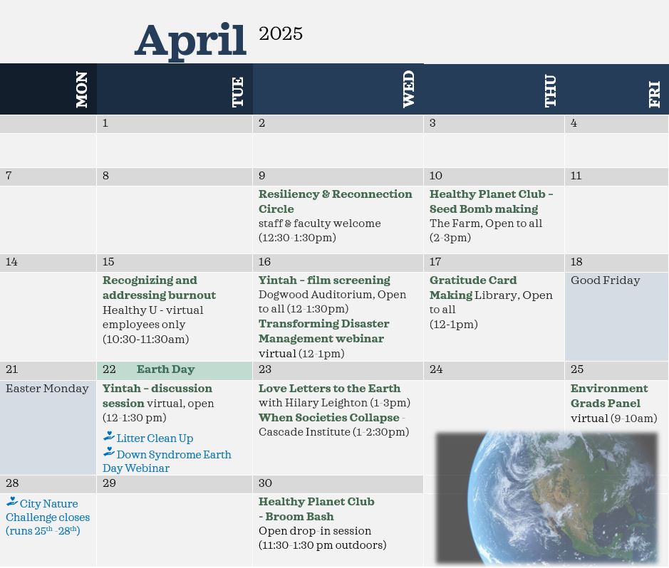 April Calendar with Earth Month events listed