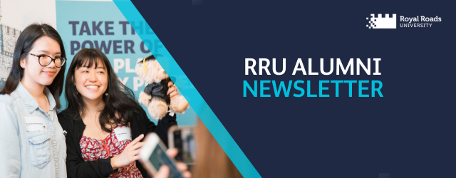 A branded graphic for Royal Roads University's Alumni Newsletter, which shows two people smiling for a photo next to the text "RRU Alumni Newsletter"