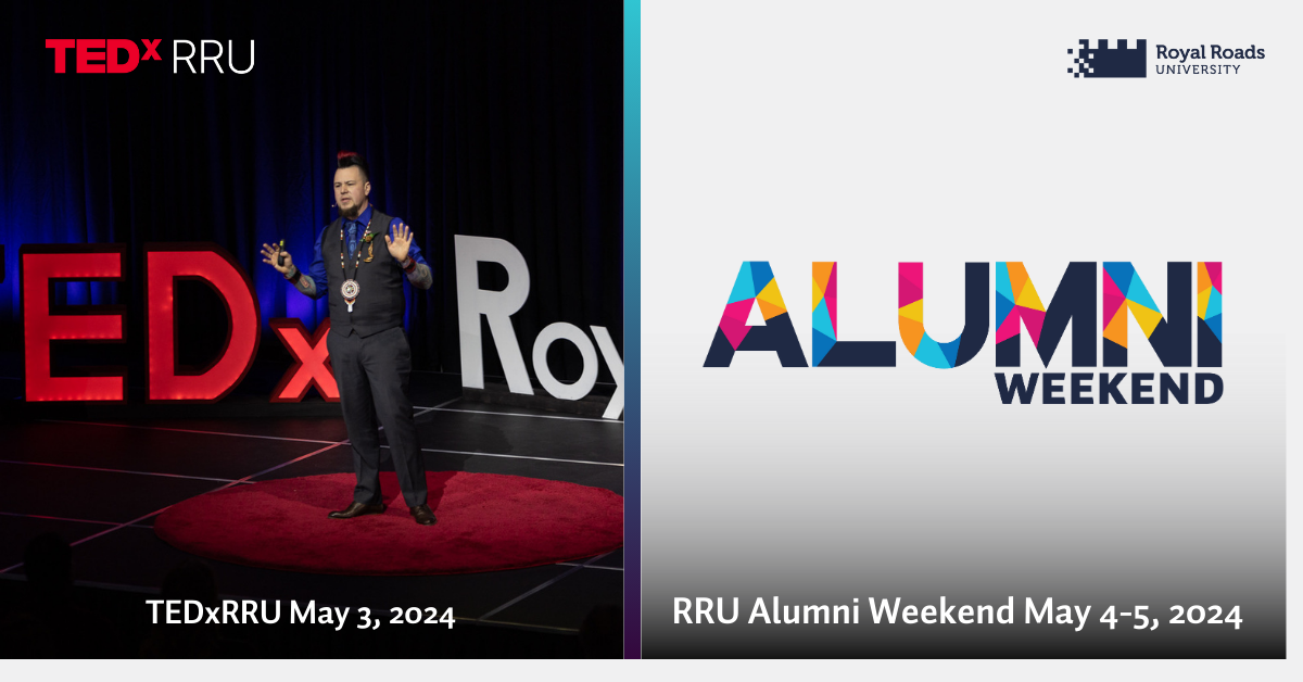 Side by side images of TEDxRRU event and "Alumni Weekend" in a blaze of RRU colours
