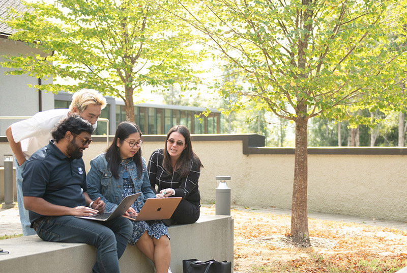 A group of RRU students look on to their laptops while sitting on a ledge in an outdoor classroom. 
