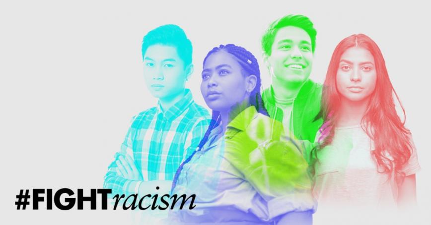 #FightRacism banner with several young people.