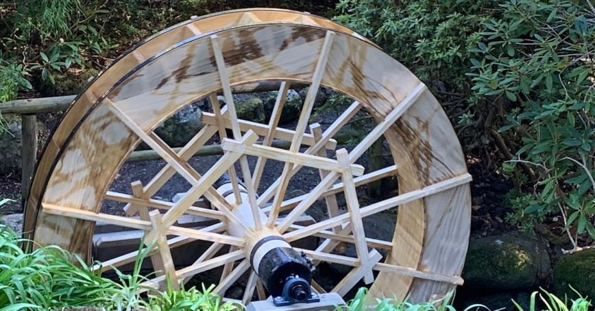 Restored water wheel in the Japanese Gardens.