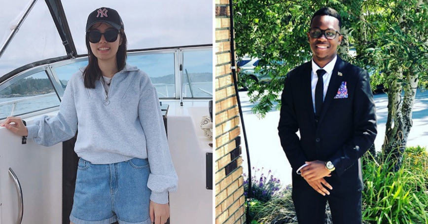 Student Haley Gong in a boat and Panashe Musemwa outdoors in a suit.