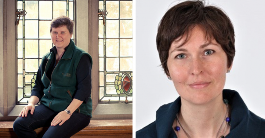 Combined photo graphic. On the left a woman with short dark hair is seated in front of a stained glass window. On the right, a woman with short dark hair is seen in head-and-shoulders view.