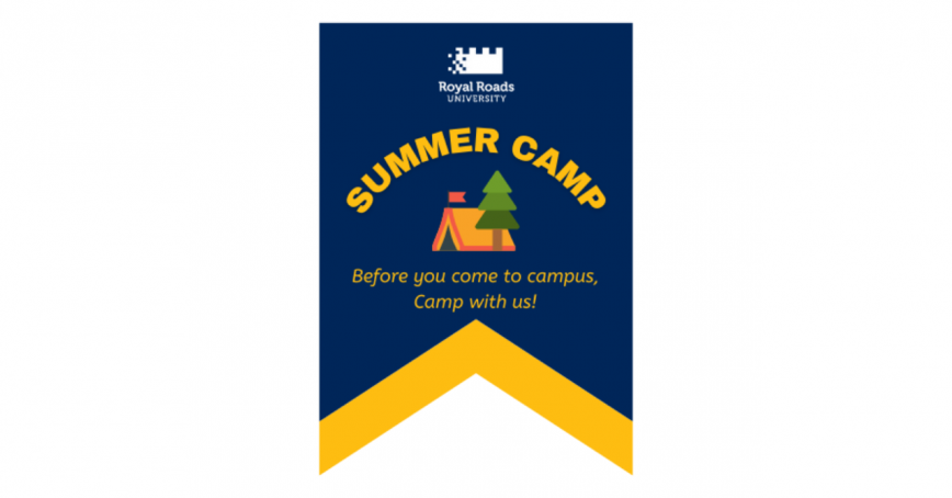 A banner with the words summer camp with a small tent and tree below it, saying "Before you come to campus, camp with us."