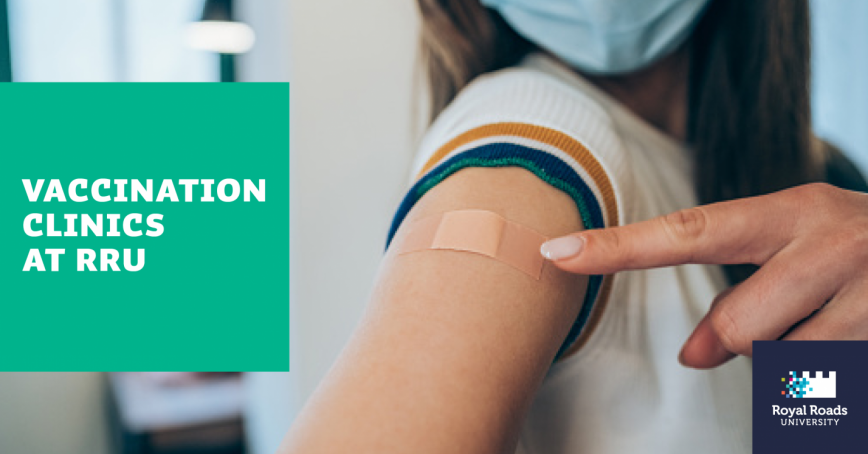 A person points at a small post-vaccination bandage on their arm. The text reads "Vaccination Clinics at RRU".