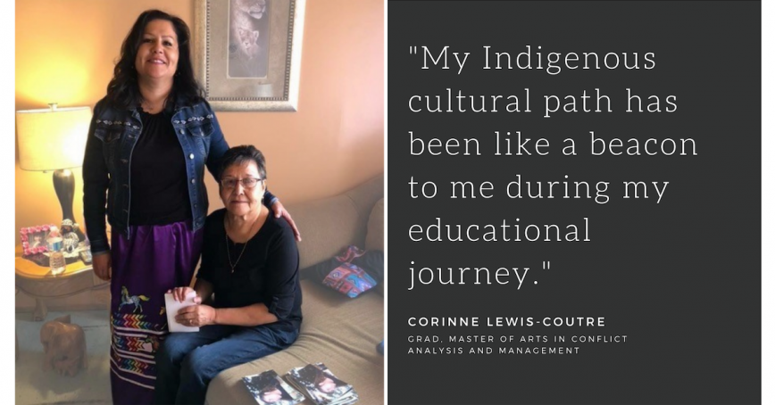 RRU grad Corrine Lewis-Coutre in a softly glowing bedroom with her mom, who is sitting on a bed with photos beside her. Text reads: "My Indigenous cultural path has been like a beacon to me during my educational journey."