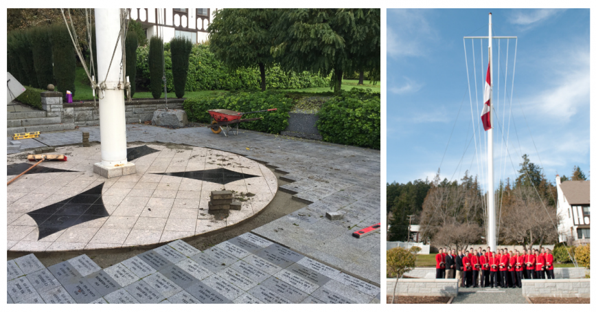 Mast with paving stones at its base; image on right shows mast with young people in uniform gathered around it