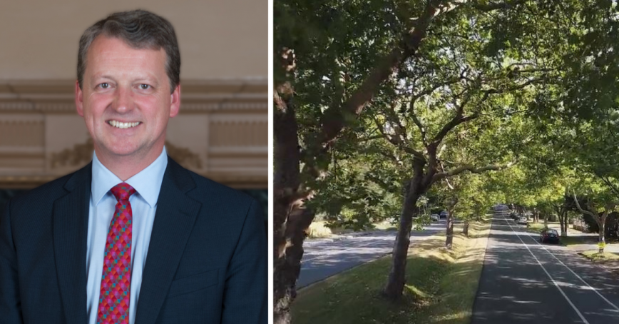 Two images: on the left, a man wearing a suit and tie smiles out at the camera. On the right, a quiet, tree-lined residential street.