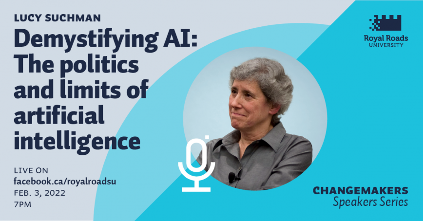 A photo of Lucy Suchman with an icon of a microphone overlayed on a blue background with the text "Demystifying AI: The politics and limits of artificial intelligence"