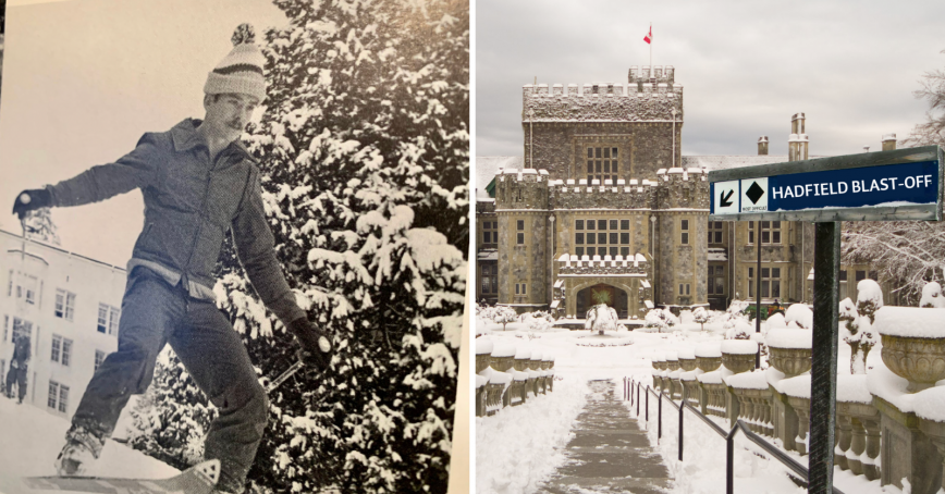 Left is Commander Chris Hadfield skiing down the Neptune Stairs in 1978. Right is a 2022 picuture of the Neptune stairs with a photoshopped sign called the Black Diamond - Hadfield Way