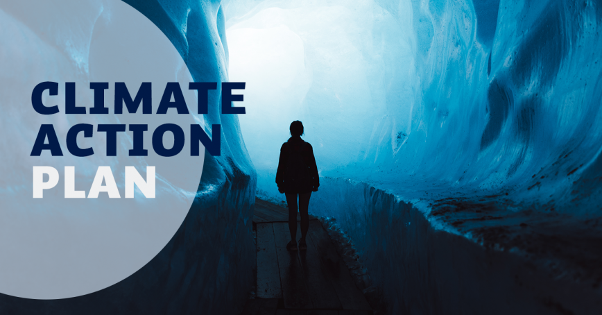 An image of a person standing in shodow in an ice cave, with the words "Climate Action Plan" to the left of the image.