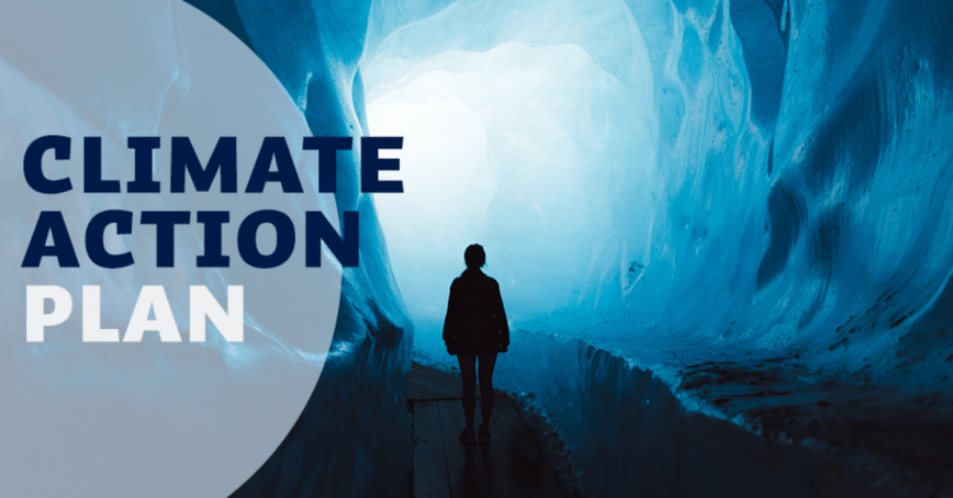 Royal Roads University Climate Action Plan logo. Silhouette of a person looking down a snow cave