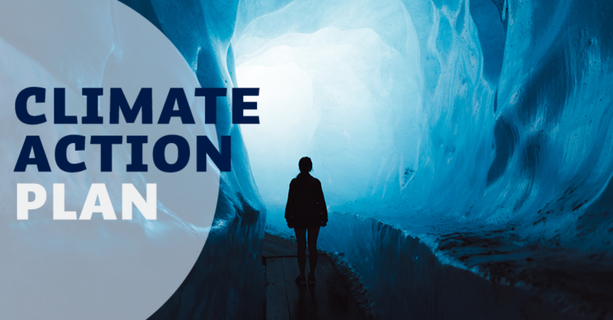 Royal Roads University Climate Action Plan logo. Silhouette of a person looking down a snow cave 