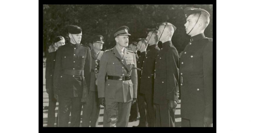 Young men in uniform line up for inspection at Royal Roads military college circa 1961.