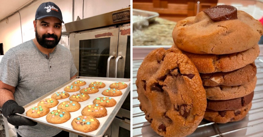 Left is Tim Thakker pulling cookies out of the oven. Right are a stack of chocolate chip cookies