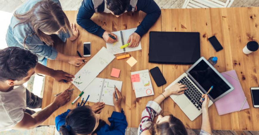 Group of students of project management studying