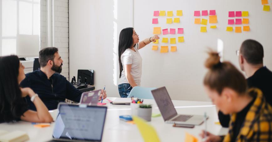 People working at a table with one person standing in front of a whiteboard with post it notes.