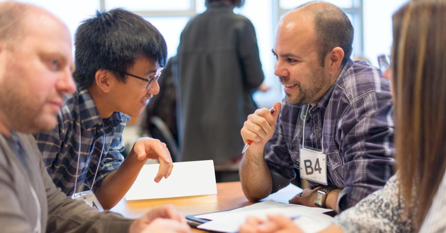 students talking in class