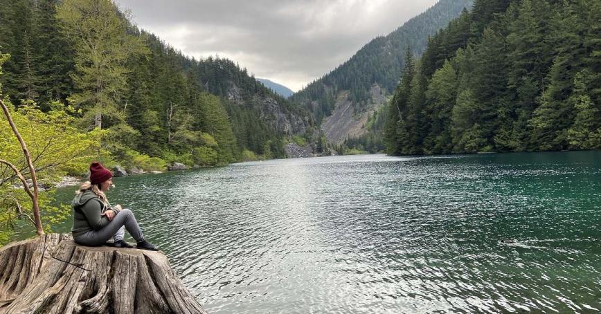 View of mountains surrounding a lake with a woman sitting on a tree stump gazing out at the water. 