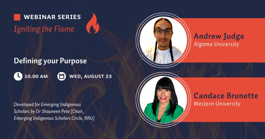 Two head shots of Indigenous scholars appear alongside the event title, Igniting the Flame