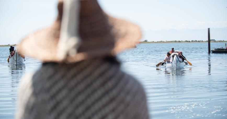 photo of canoe landing at National Indigenous Peoples Day at Royal Roads University