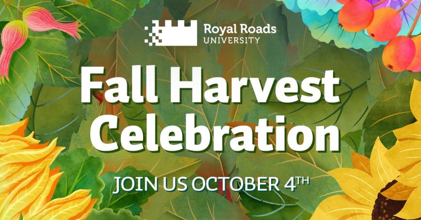 Yellow flowers with green leaves with the words "Fall Harvest Celebration Join us October 4"