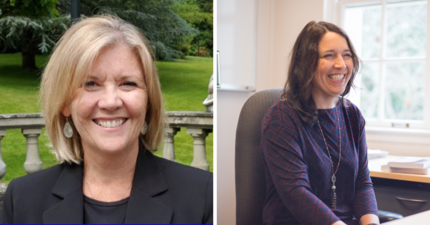Portraits of two women. Woman on the left has short blonde hair and smiling directly to camera. Woman on the right has long brunette hair and is smiling at her computer monitor.