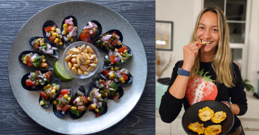 Choros a la chalaca or Peruvian seaside mussels and Andrea Torres Lopez taking a bit of a patacone.