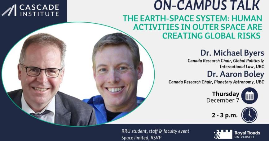 Two people on a banner for the upcoming Cascade Institute event.