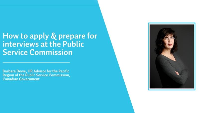 A photo of Barbara Dewe, speaker at an event at RRU, next to a title that reads "How to apply and prepare for interviews with the Public Service Commission.