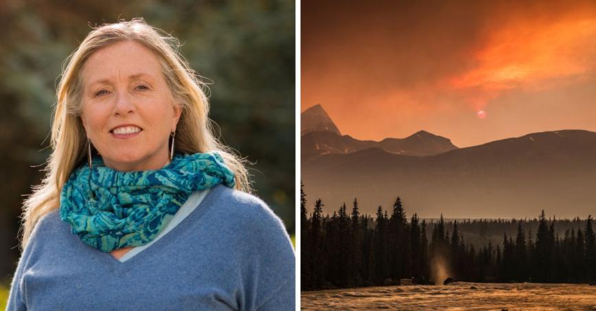 Left: Robin Cox; Right: A wildfire on top of a mountain