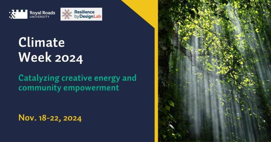 Climate Week 2024 text with image of sunlight shining through tree branches