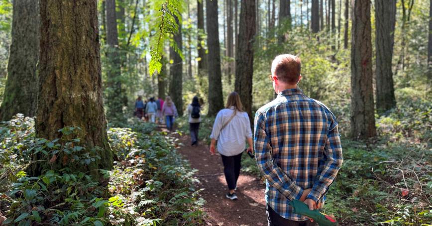 Forest Bathing session - backs of participants walking on a trail in the woods 