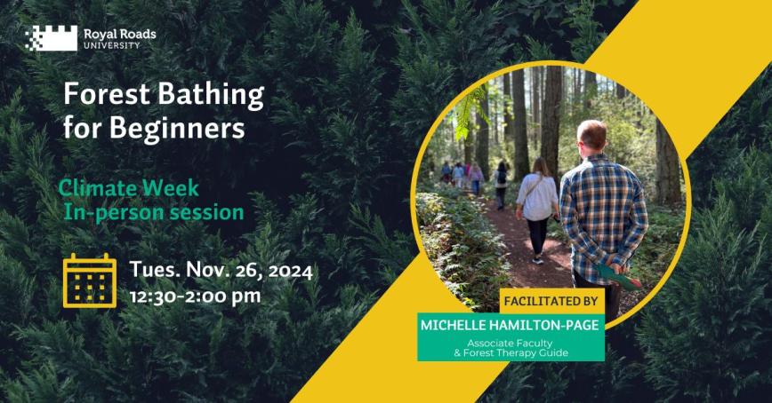 Forest Bathing session poster - backs of participants walking on a trail in the woods 