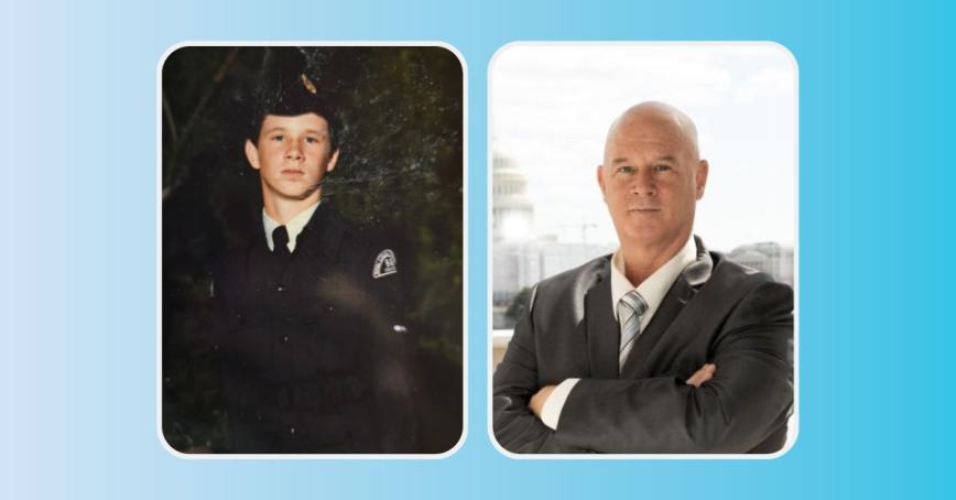 Two photos of Scott McGregor, one as a young cadet and one from present day.
