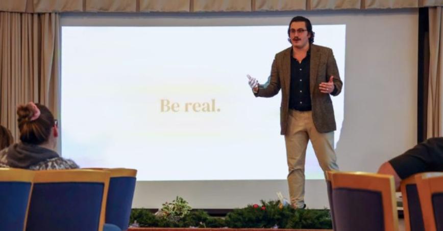 Max Weselowski presents at an addiction stigma lecture series at CFB Esquimalt