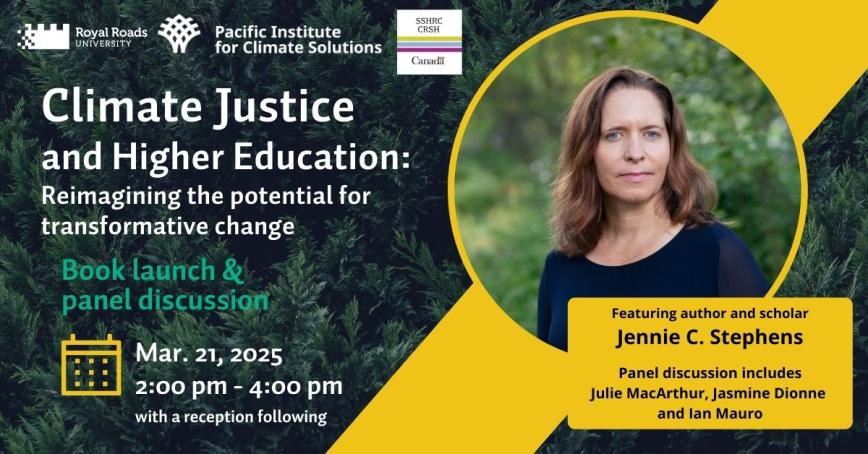 Climate Justice event poster with photo of guest speaker